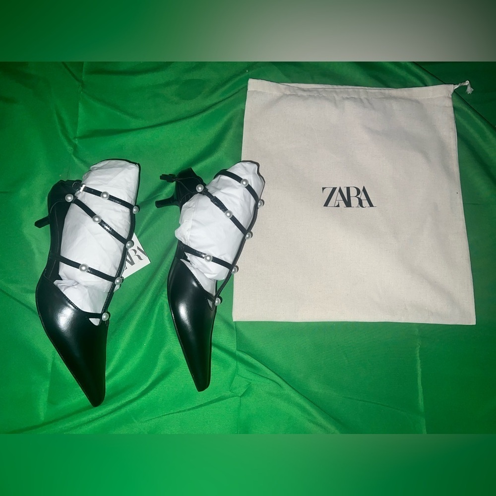 NWT Zara Sling Back Kitten Heels with Pearl Detailing size 38 - Picture 4 of 13